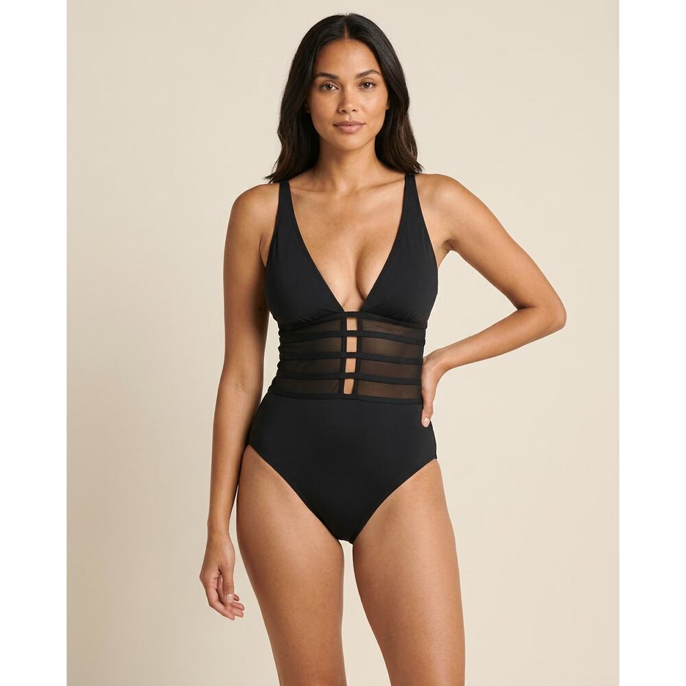 La Blanca Island Goddess Over the Shoulder Mesh One Piece Black Size 4